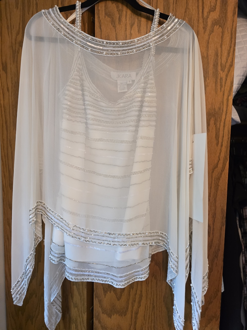 J Kara White Beaded Sheer Poncho Top